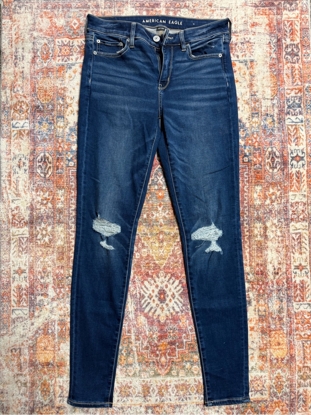 AE Soft Knit Hi-Rise Jegging Size 10 X-Long Dark Wash Distressed Jeans